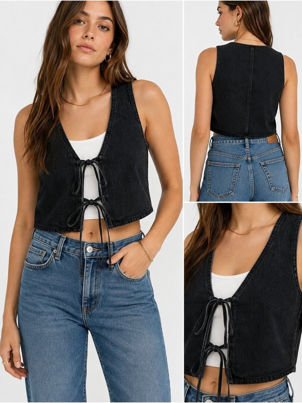 Madewell Women’s Size 6 Black Denim Tie Front Vest NWT Cropped Western